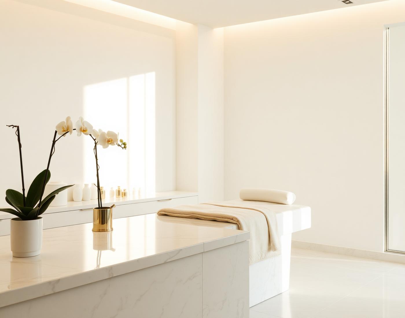 Calm, sunlit med spa interior with marble counter and white orchid