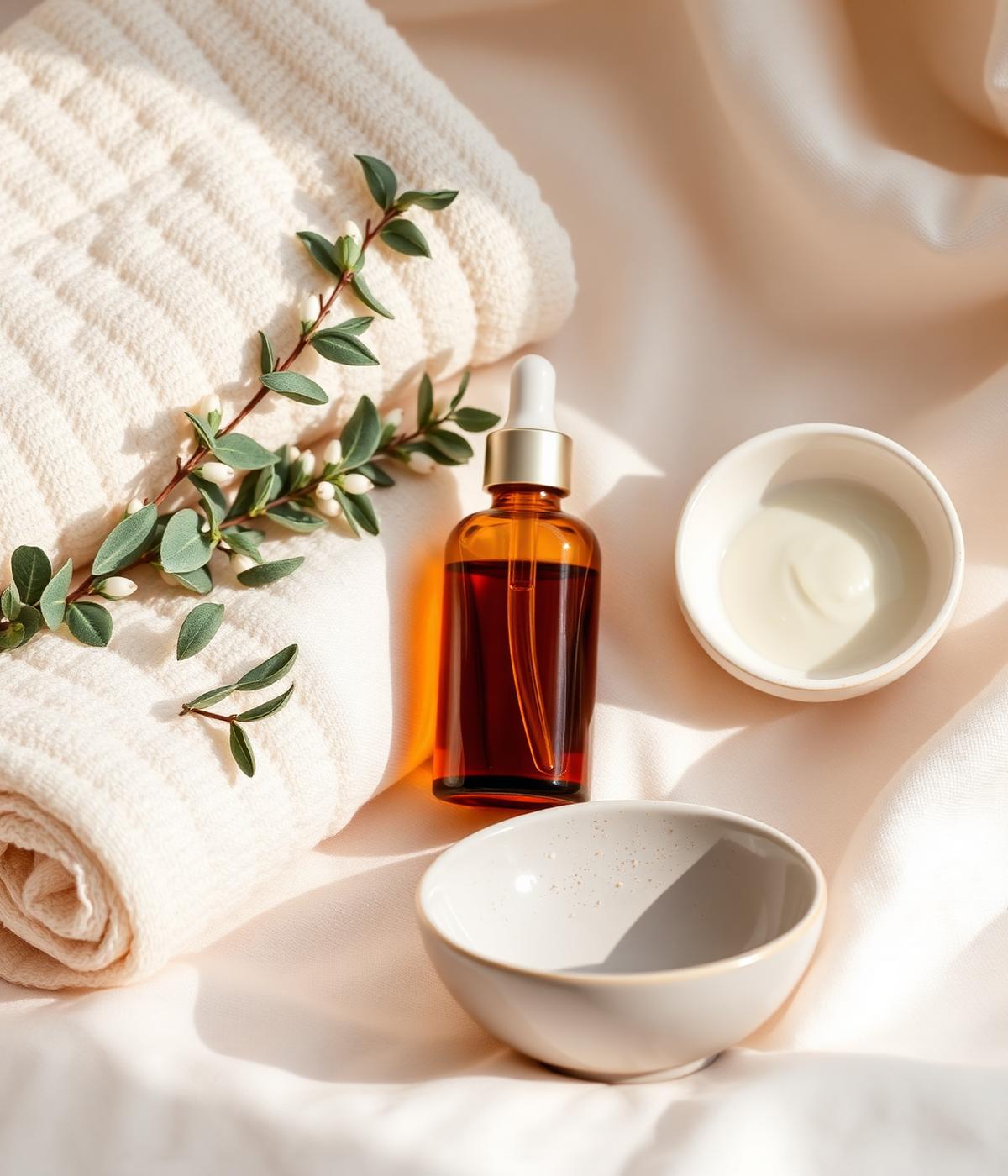 Flat lay of luxury skincare ritual: amber serum bottle, eucalyptus, towels and ceramic dish